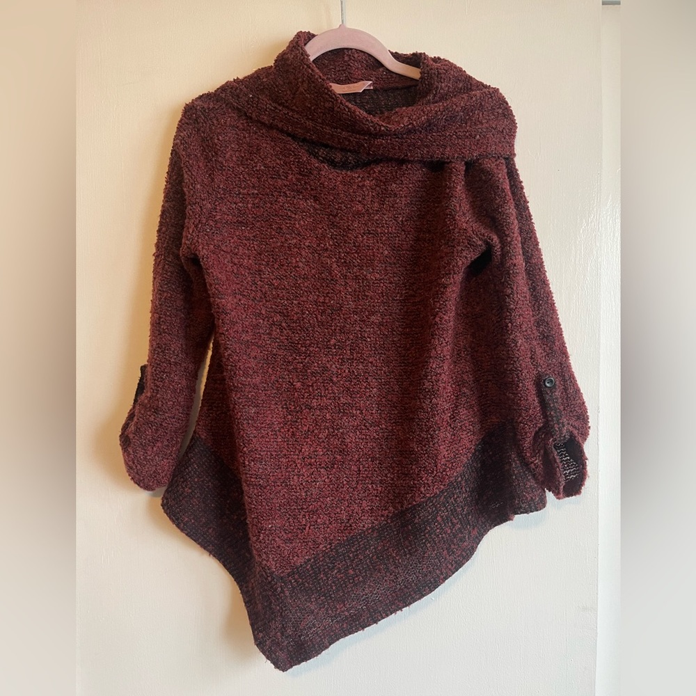 Asymmetrical fold over turtle neck sweater with 3/4 sleeves